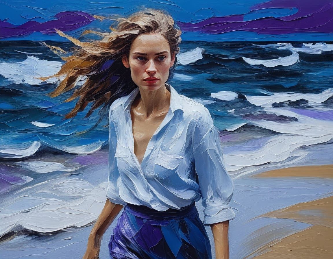 Woman on Wet Sand: Abstract Expressionist Impasto Oil Painti...