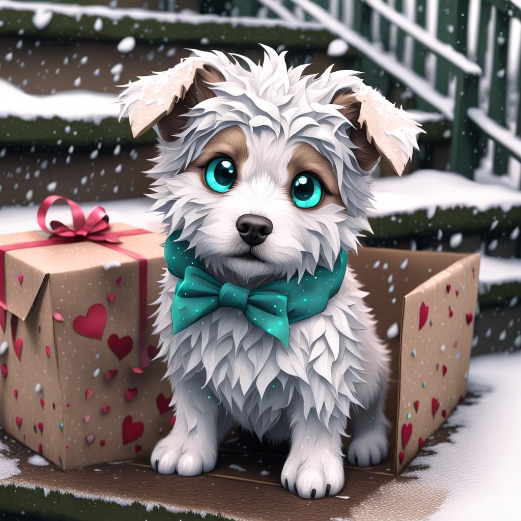 Adorable Puppy in a Box During Snowstorm