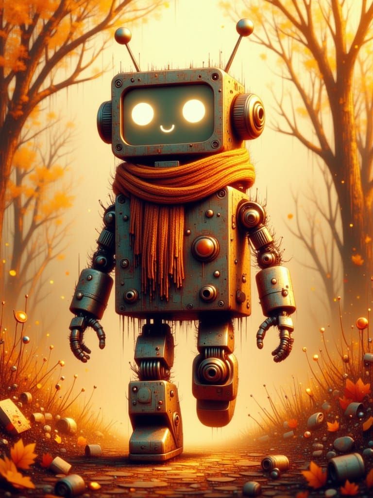 Retro Copper Robot in Autumn Forest