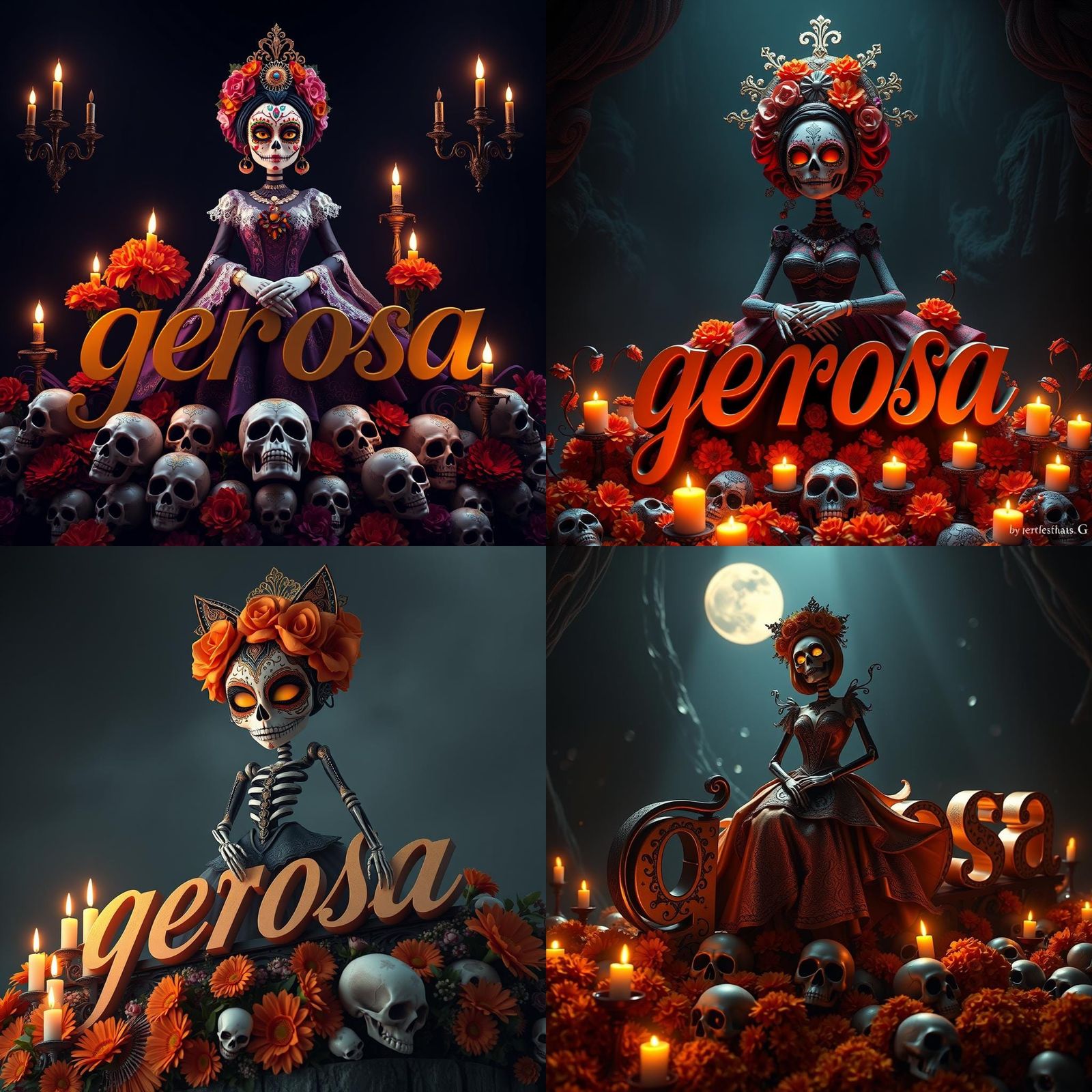 Disney-Style 3D Catrina with Skull Face and Flowers