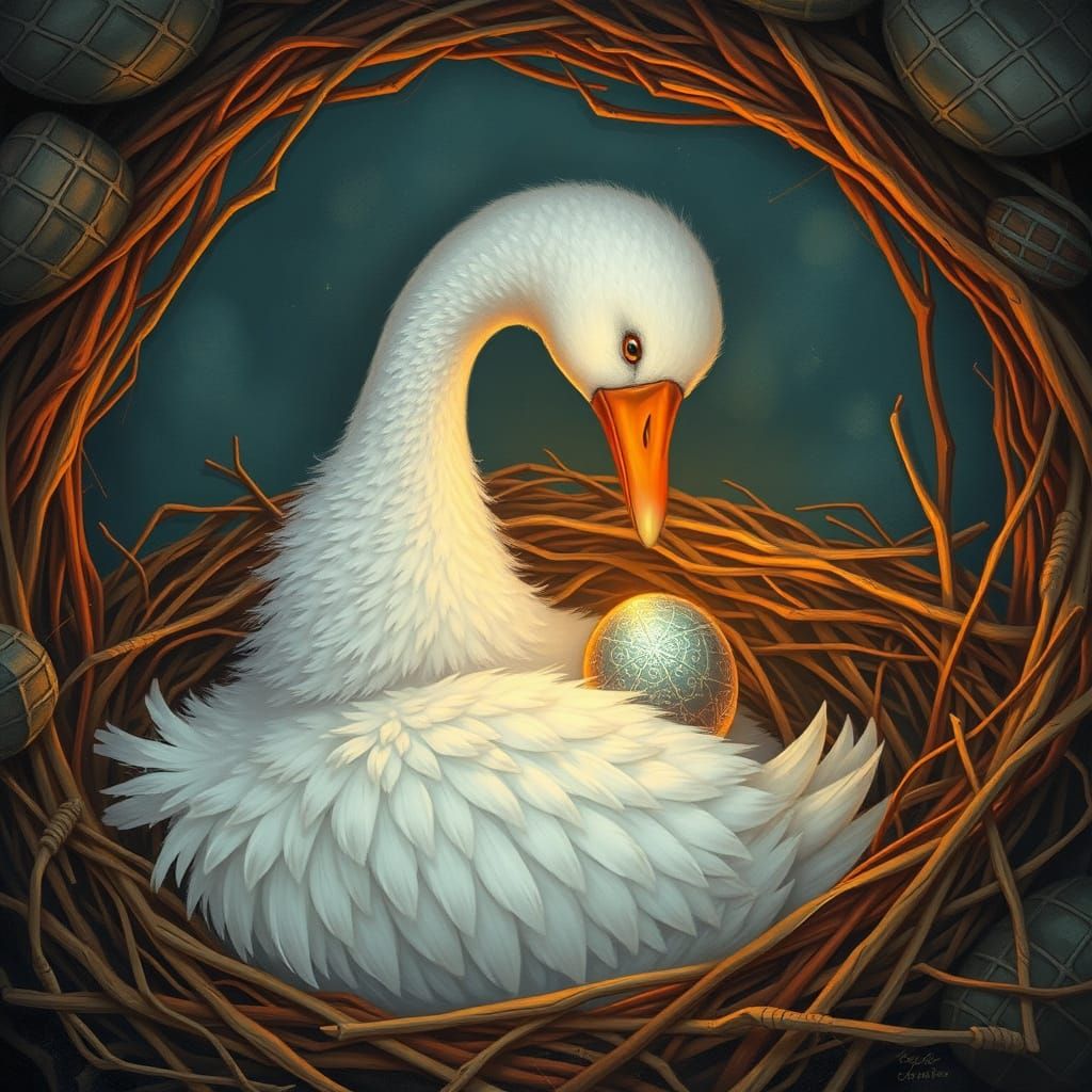 Goose Gazing at Metallic Egg in Surrealist Style