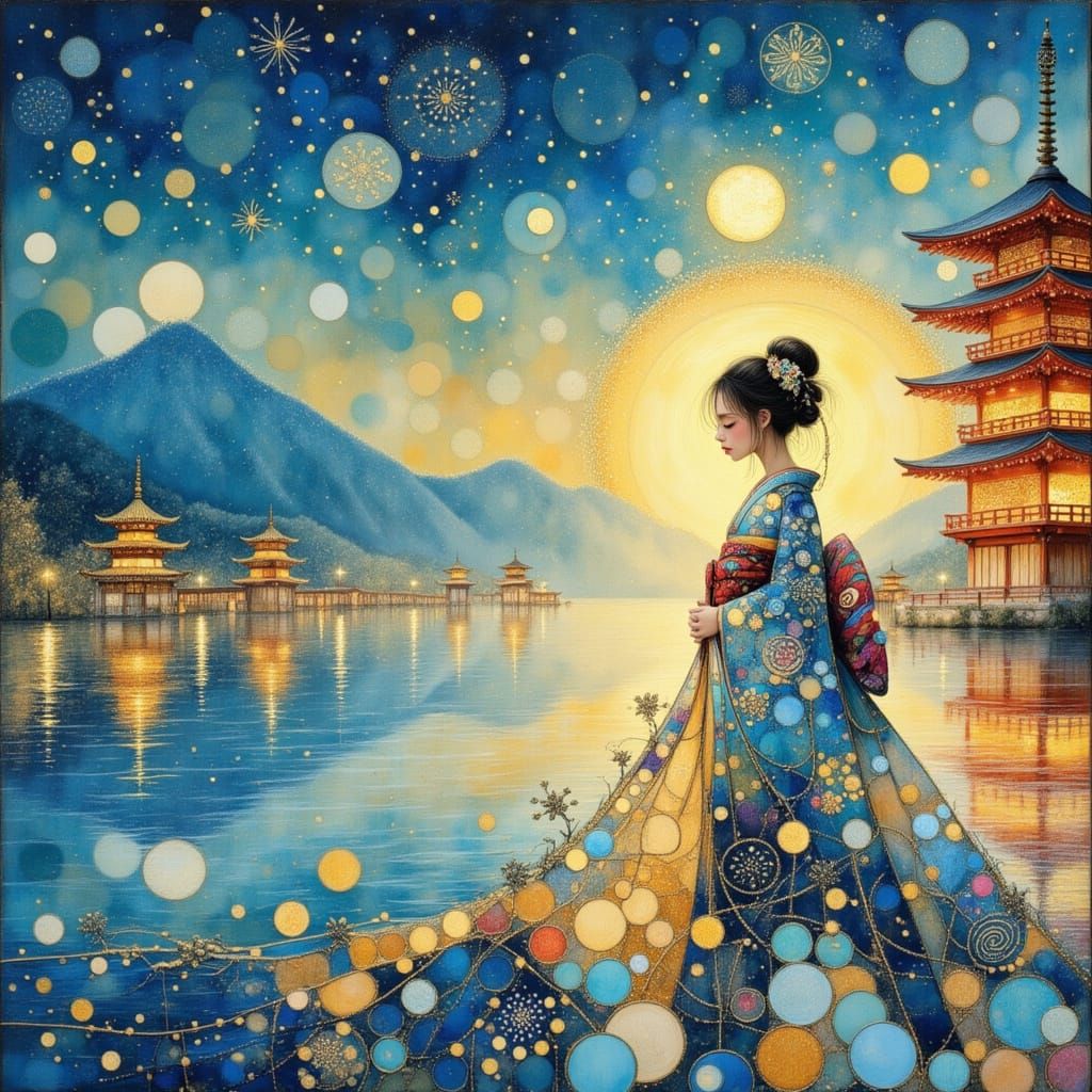 Japanese Woman in Kimono Under Starry Sky