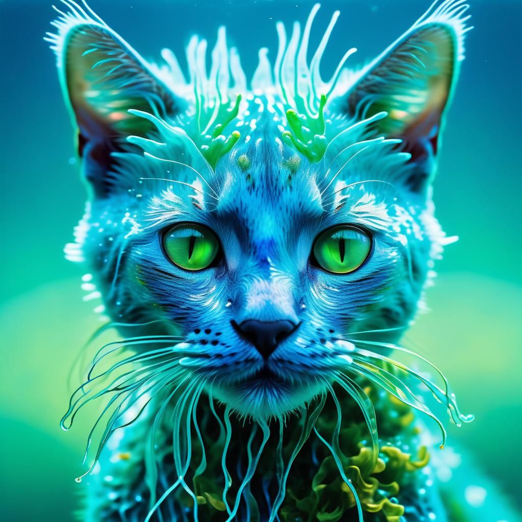 Bioluminescent Feline Alien Portrait in Underwater Macro Pho...