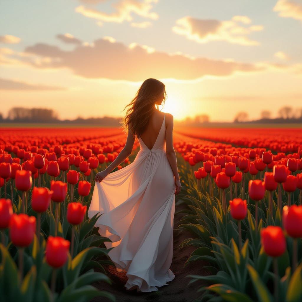 Woman in Tulip Field: Surreal Digital Dreamscape