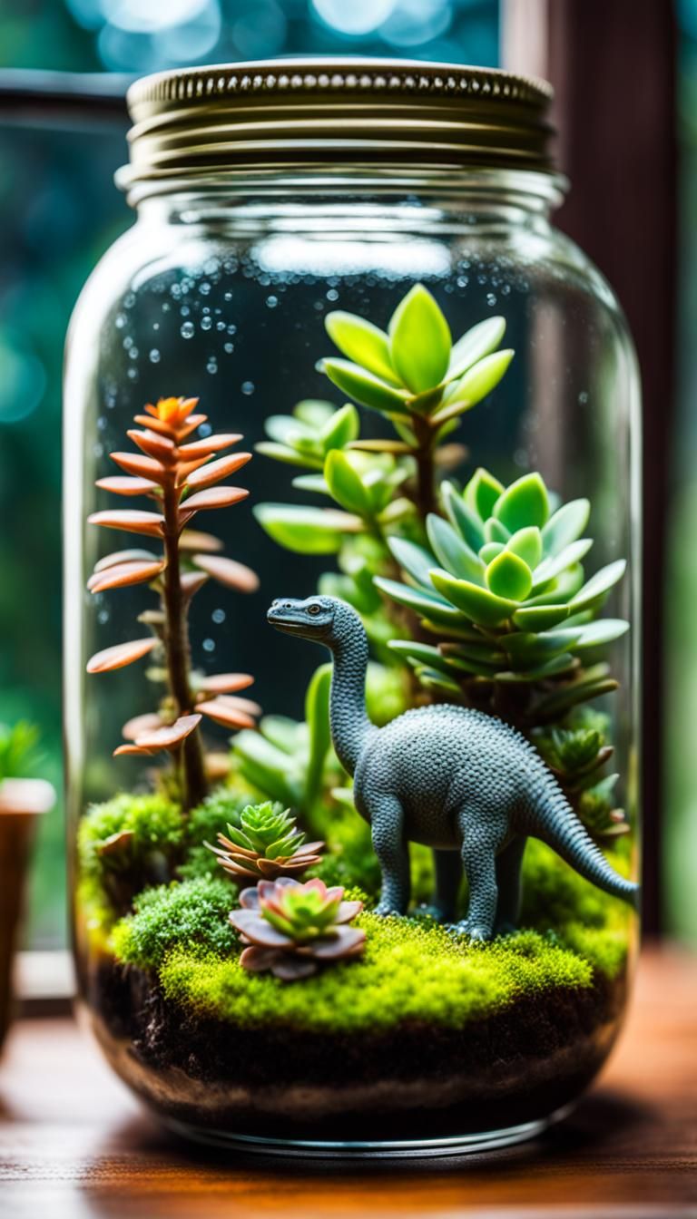 Apatosaurus in Succulent Terrarium, Hyperrealistic Style