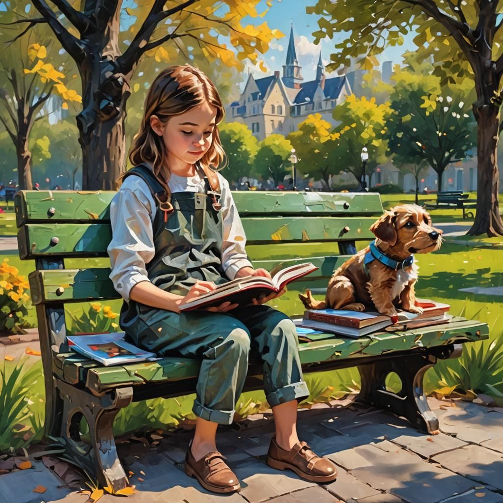 Impasto pallet knife oil painting of a little girl reading a...