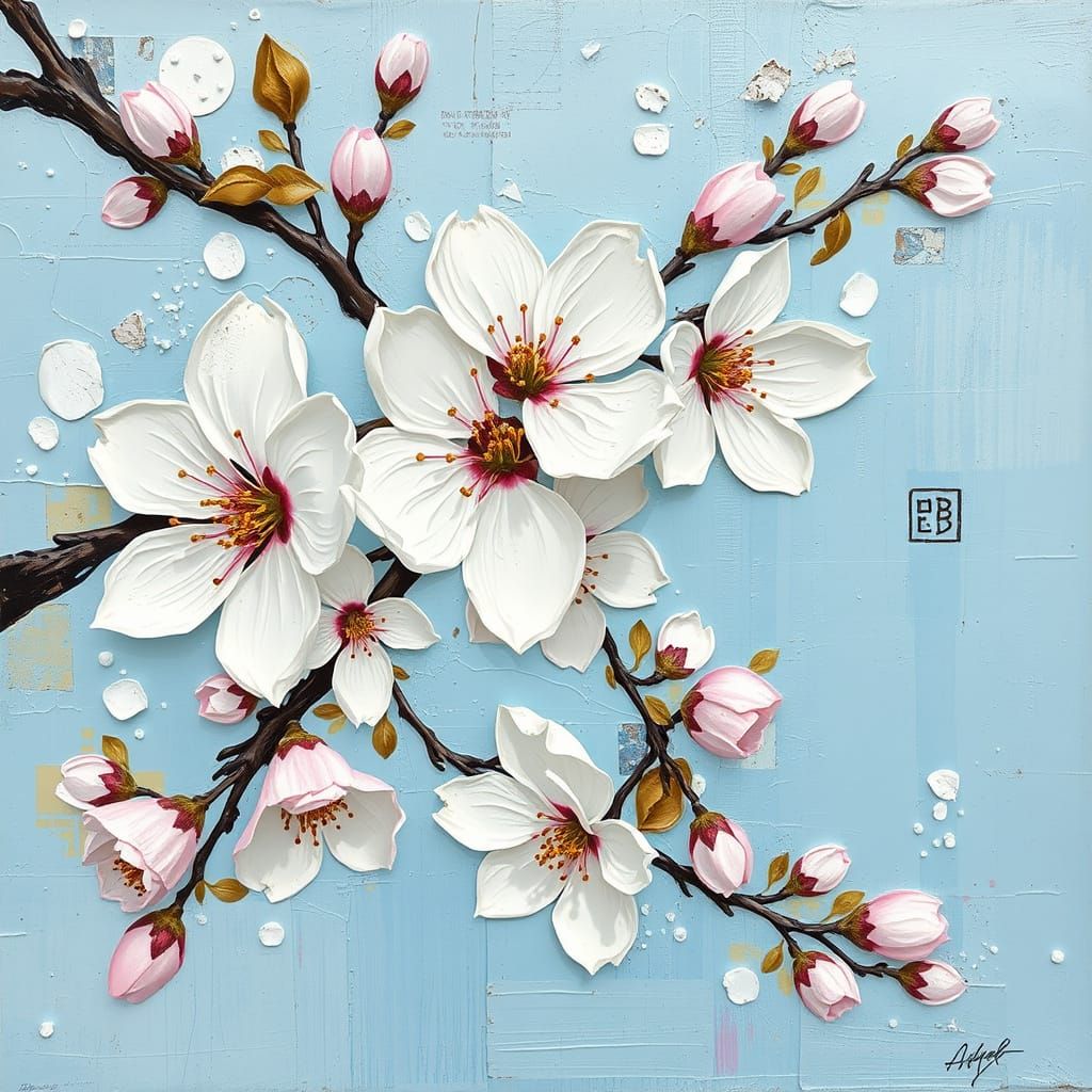 Cherry Blossoms in Mondrian Impasto Abstraction