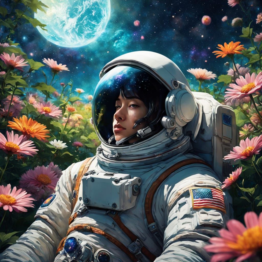 Astronaut in Vibrant Space Garden with Starry Expanse