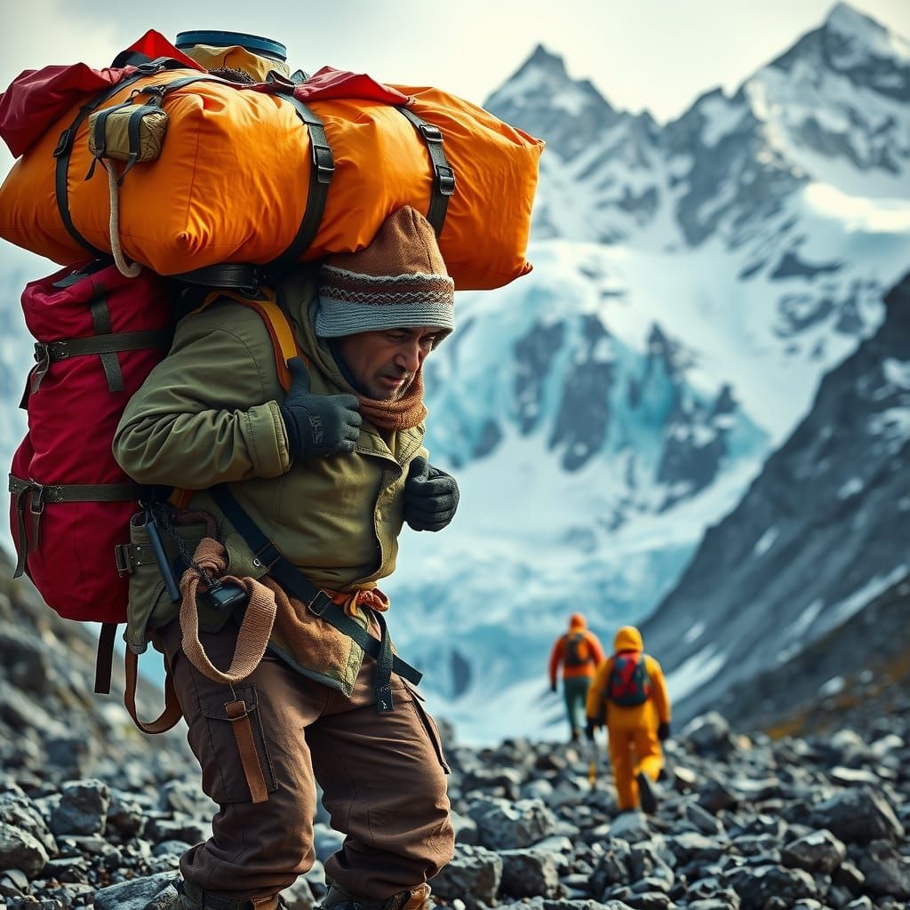 Sherpa Porter on Mount Everest in Digital Art Style