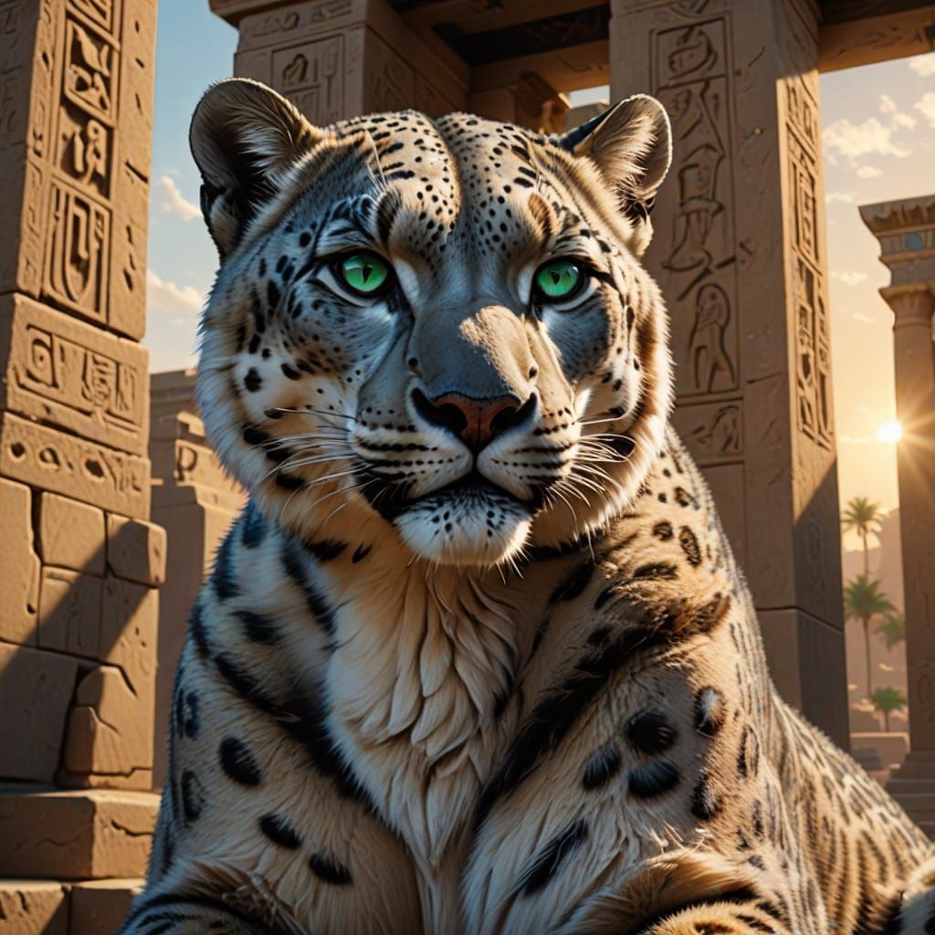 Snow Leopard Perched Atop Egyptian Temple
