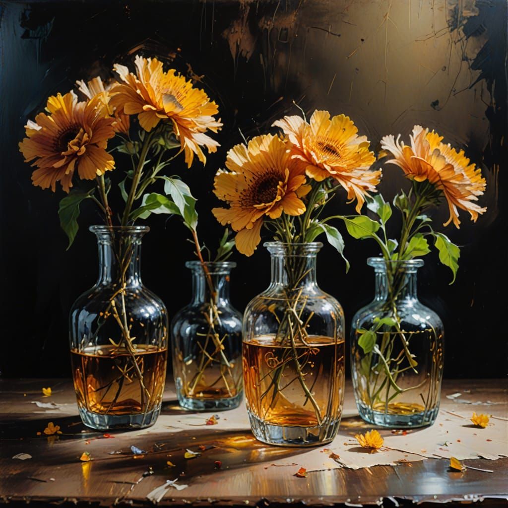 Floral Still Life with Glass Vases as Oil Painting