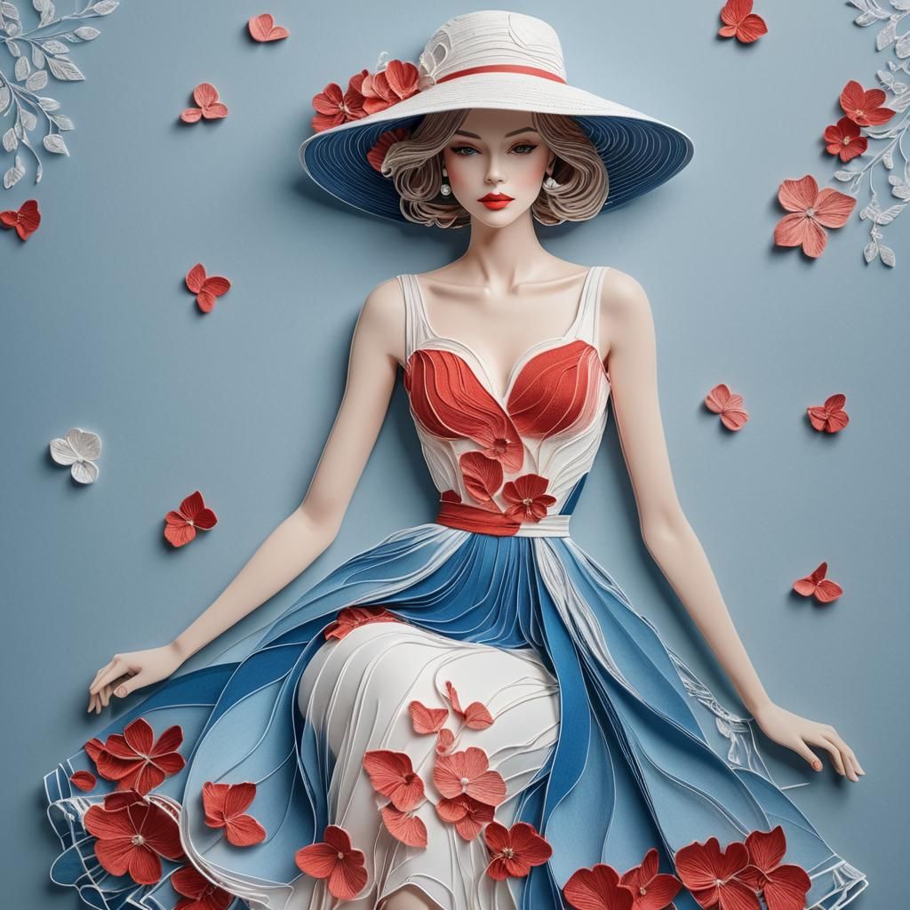 Elegant Woman in Dress: 3D Stereo Line Illustration