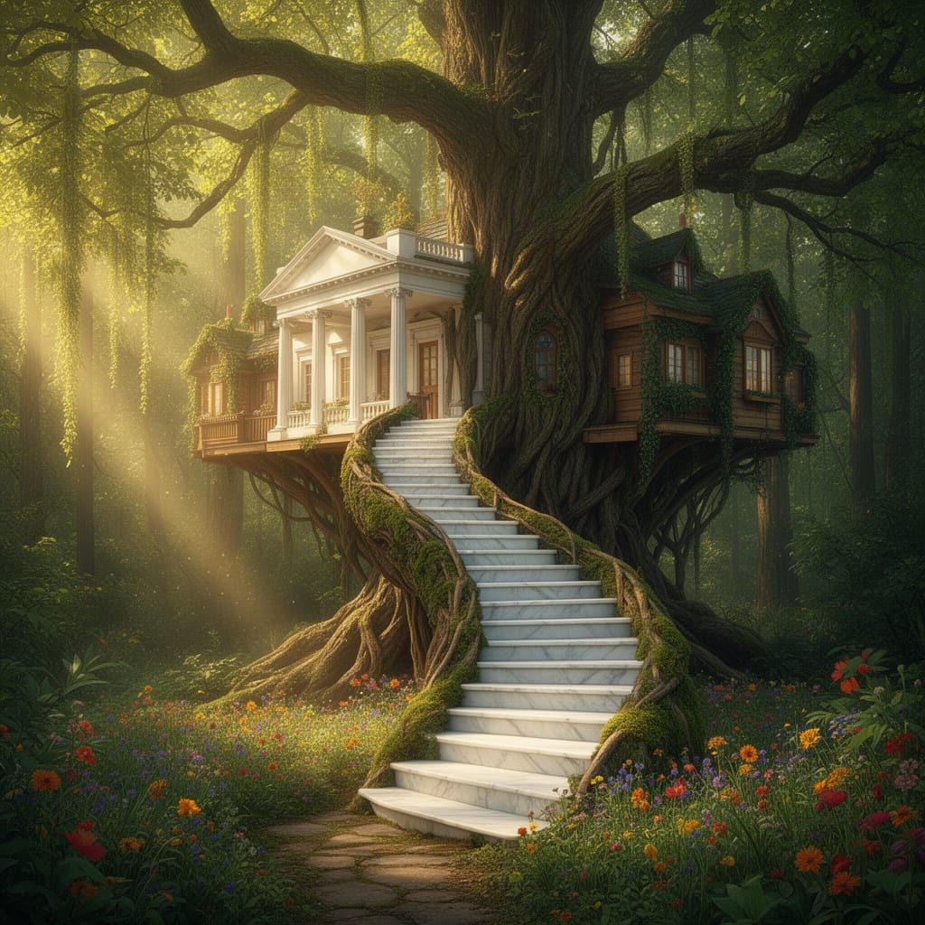 Majestic White House Treehouse in Ancient Forest