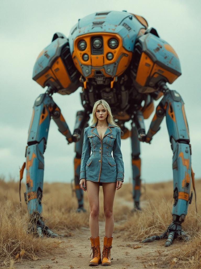 Retro-Futurist Woman and Robot Insect, Analog Sci-Fi Style