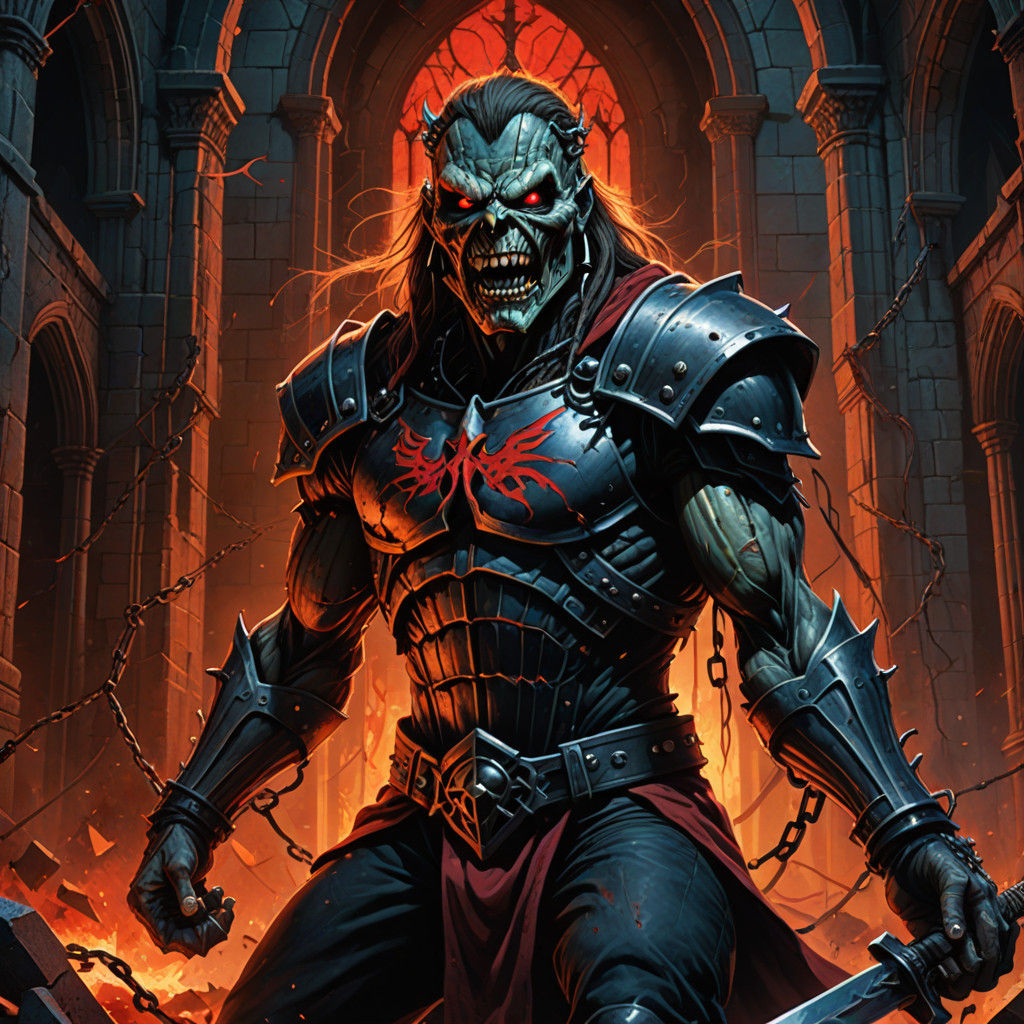 Eddie the Iron Maiden Icon Breaks Free in Dark Gothic Church