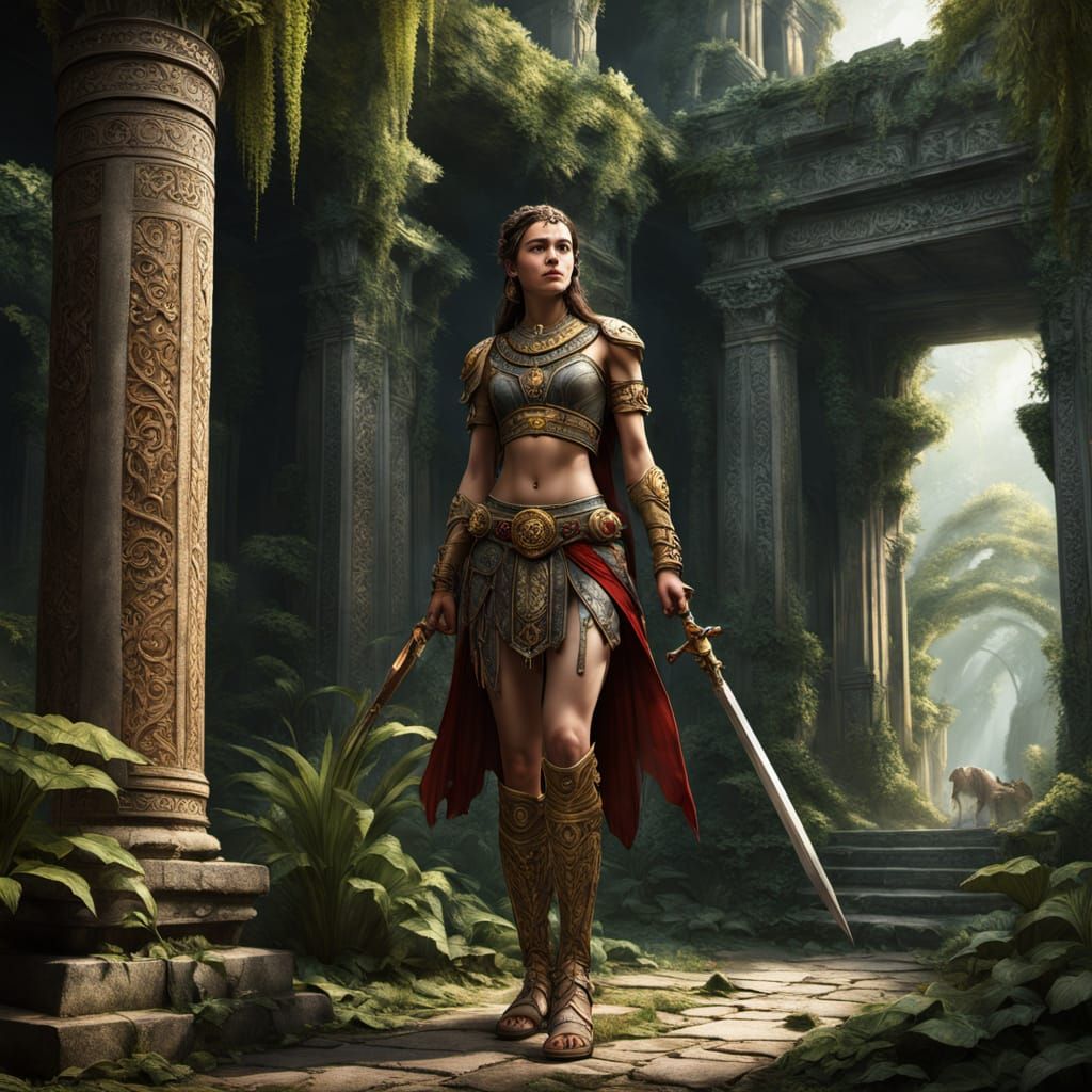 Warrior Woman in Ancient Temple Ruins with Ethereal Light
