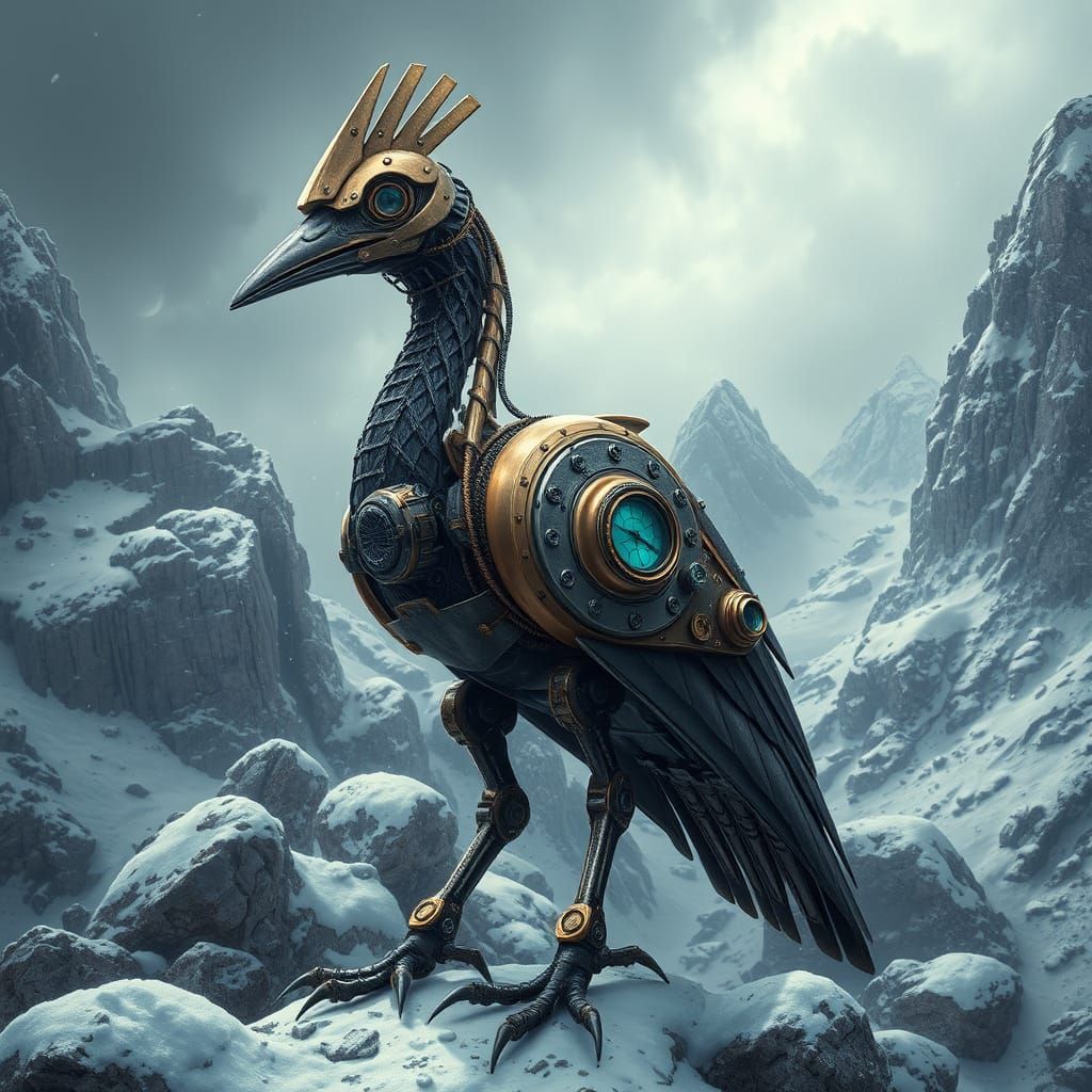 Steampunk Crane Bird in Snowy Landscape