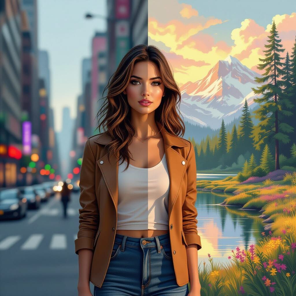Woman in City and Nature, Split Screen Composition