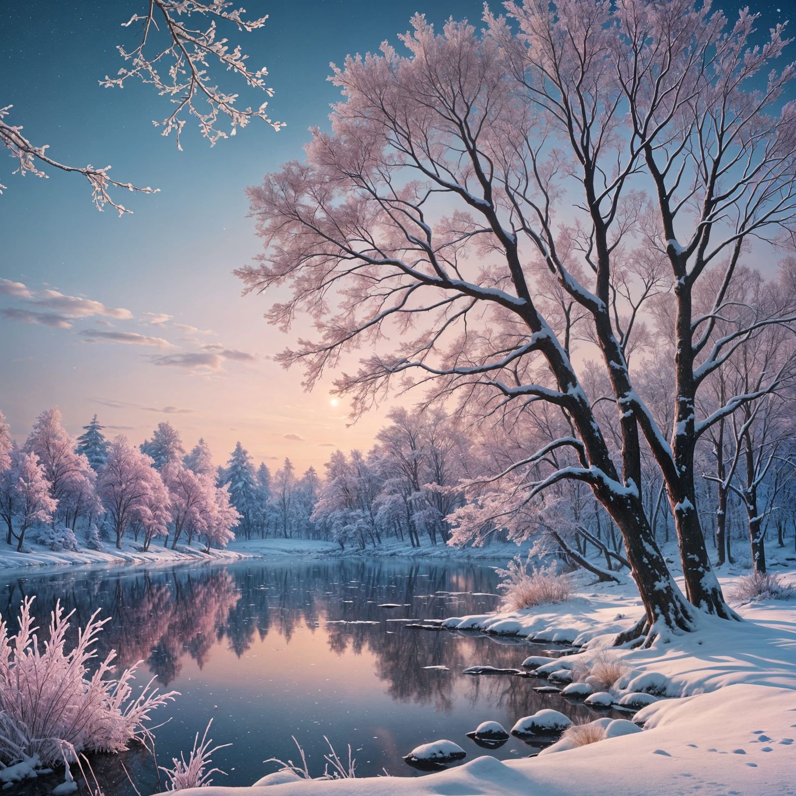 Tranquil Winter Scene at Dawn: Fantasy Concept Art