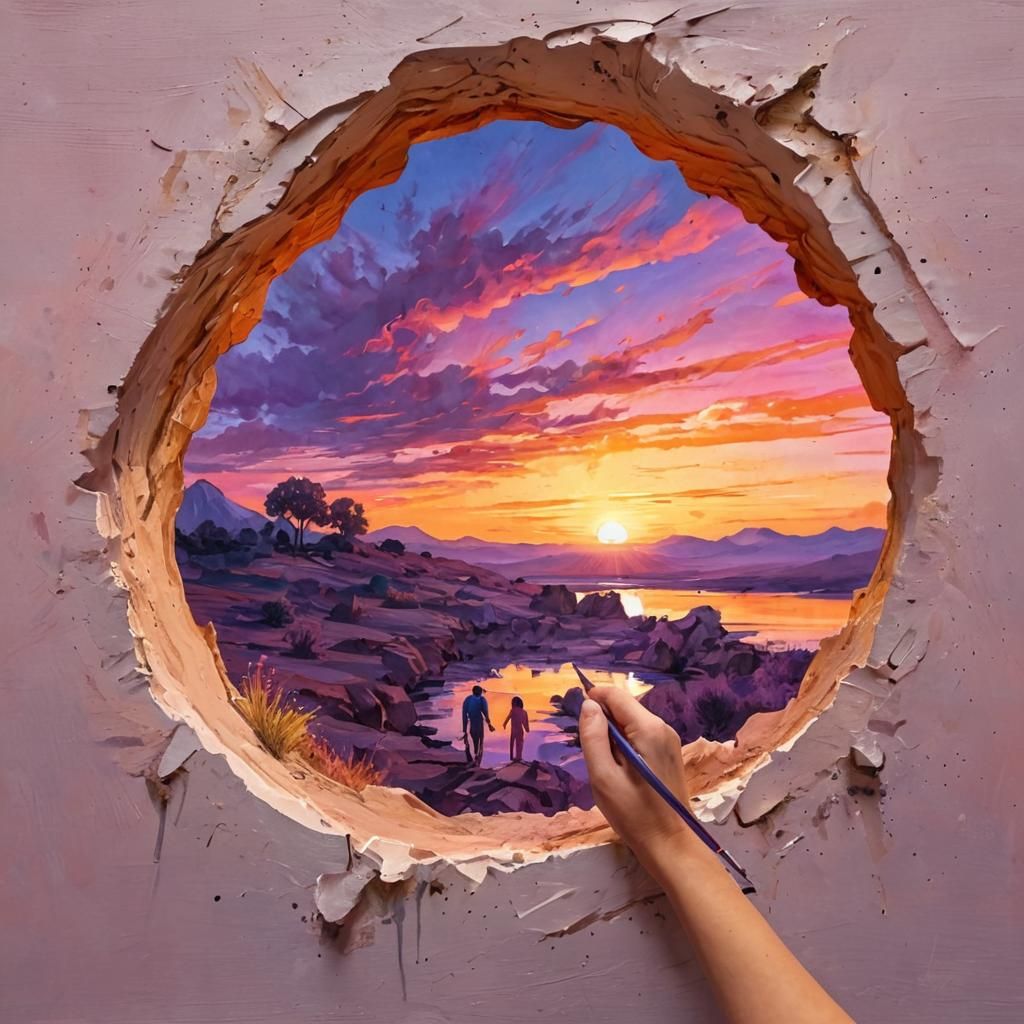 Paradise Sunset Through a Hole: Gouache Watercolor Painting