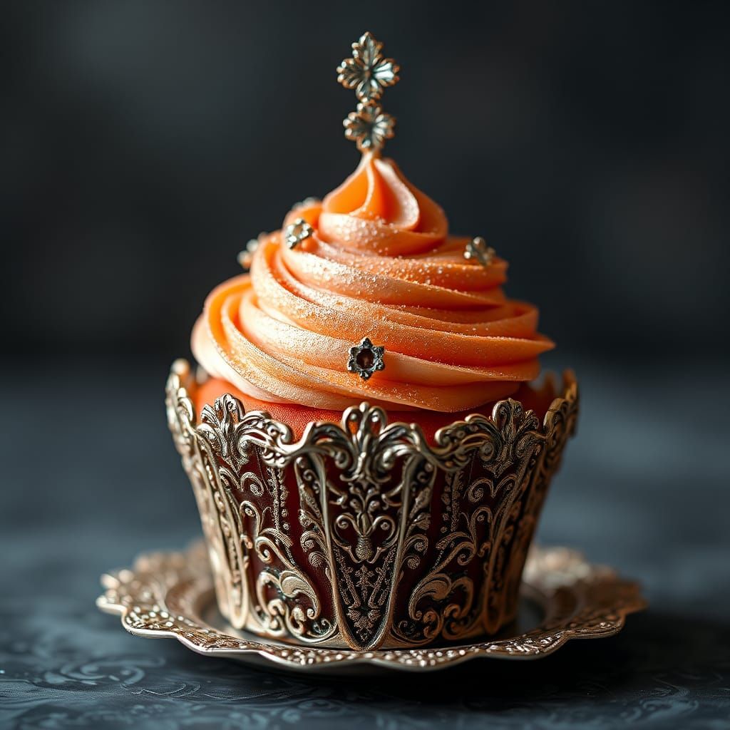 a single beautiful cupcake, ornate, intricate maximalism contrast shimmering, up close shot, delicious texture insane de...