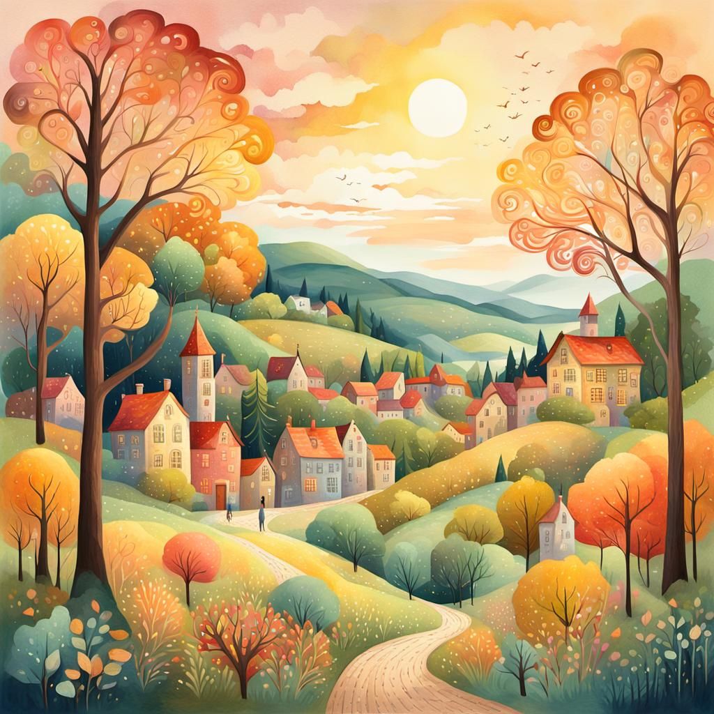 Naive Art Townscape in Whimsical Forest