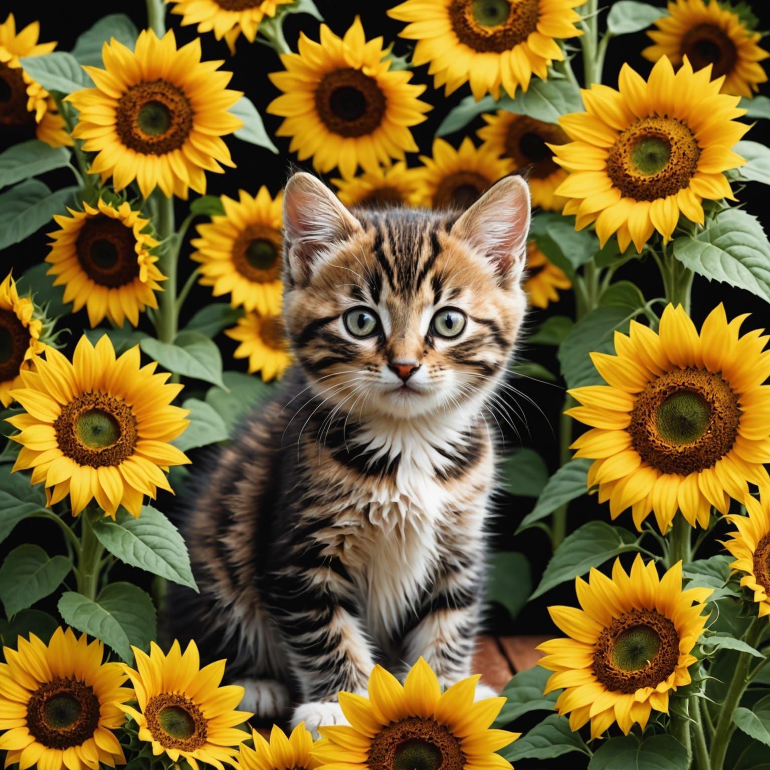 Kitten Surrounded by Sunflowers: A Gentle Portrait