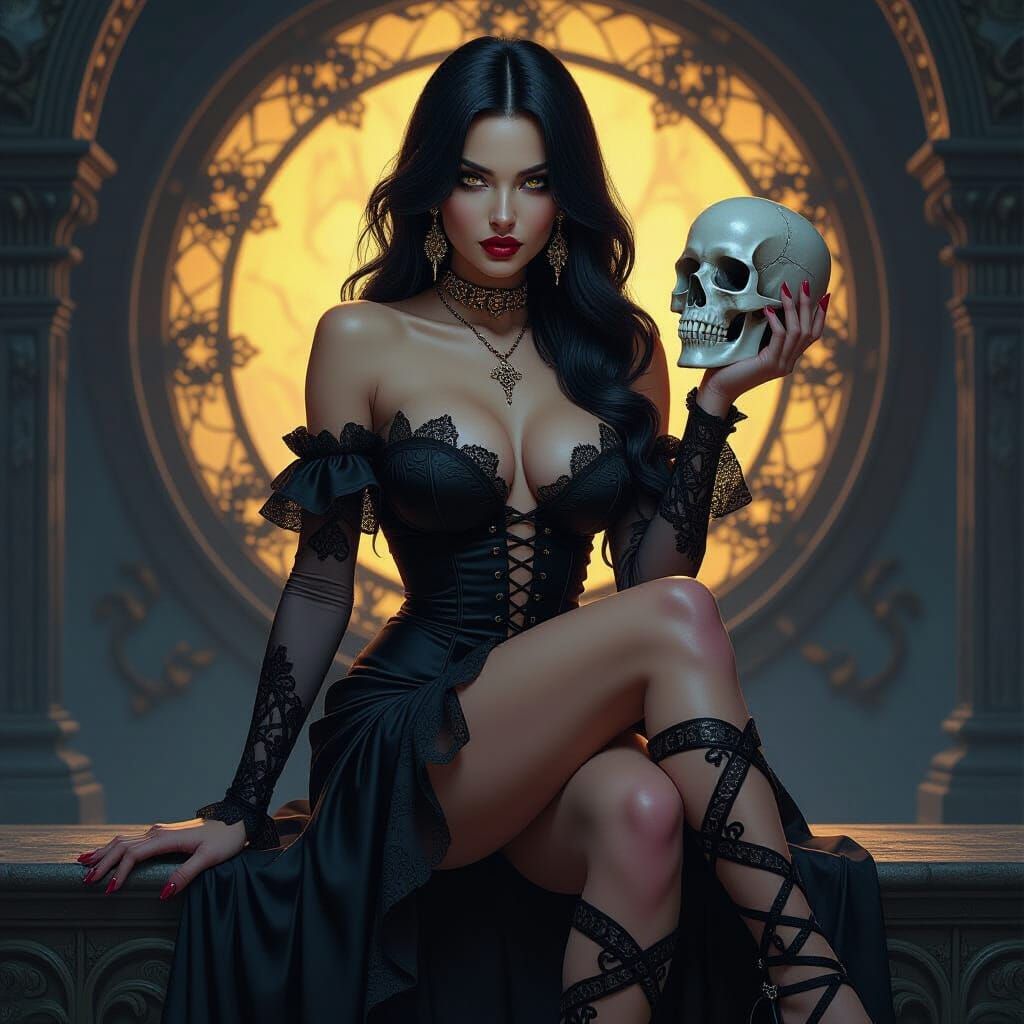 Gothic Woman with Skull in Dark Fantasy Style