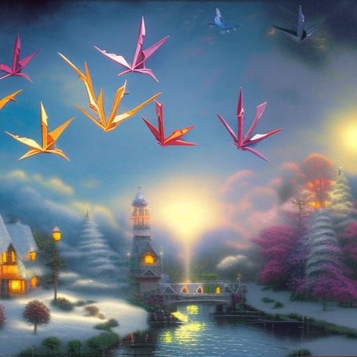 Origami Birds Fly to Santa in Ethereal Fantasy Style