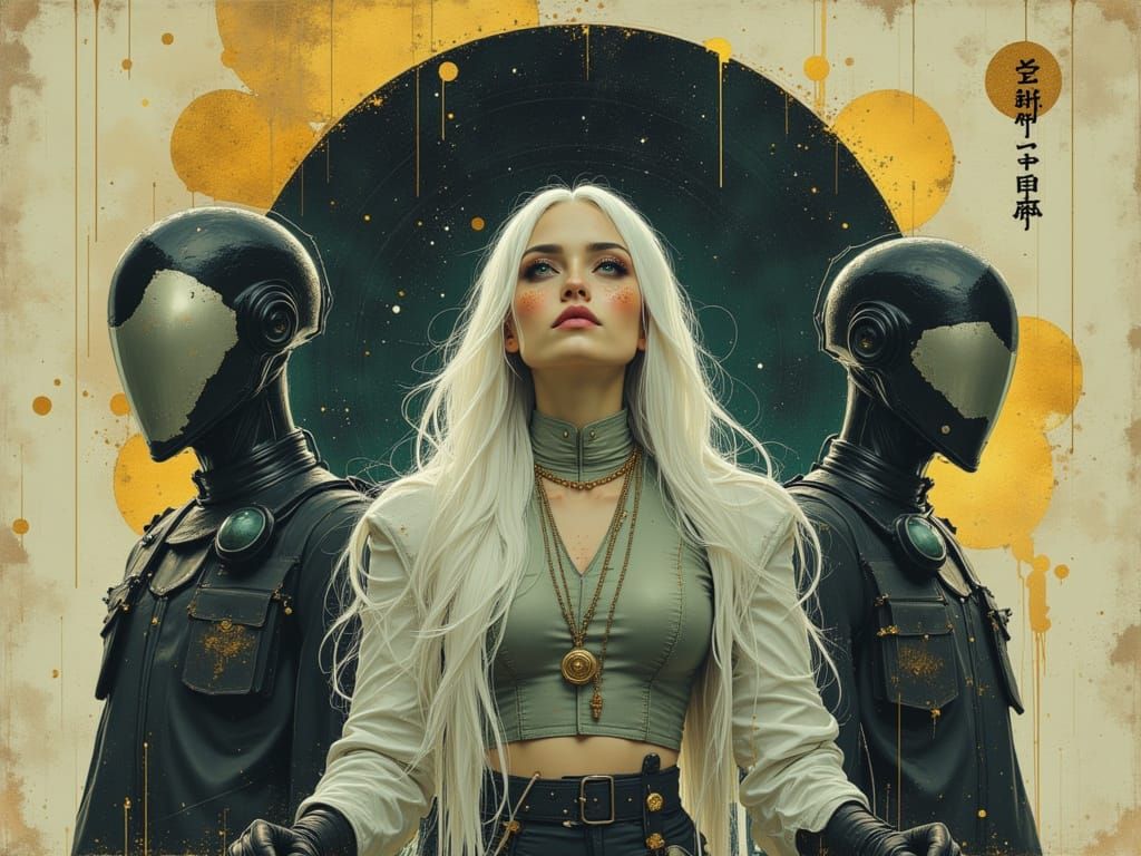 White Haired Woman in Silver Jumpsuit with Robot Guards