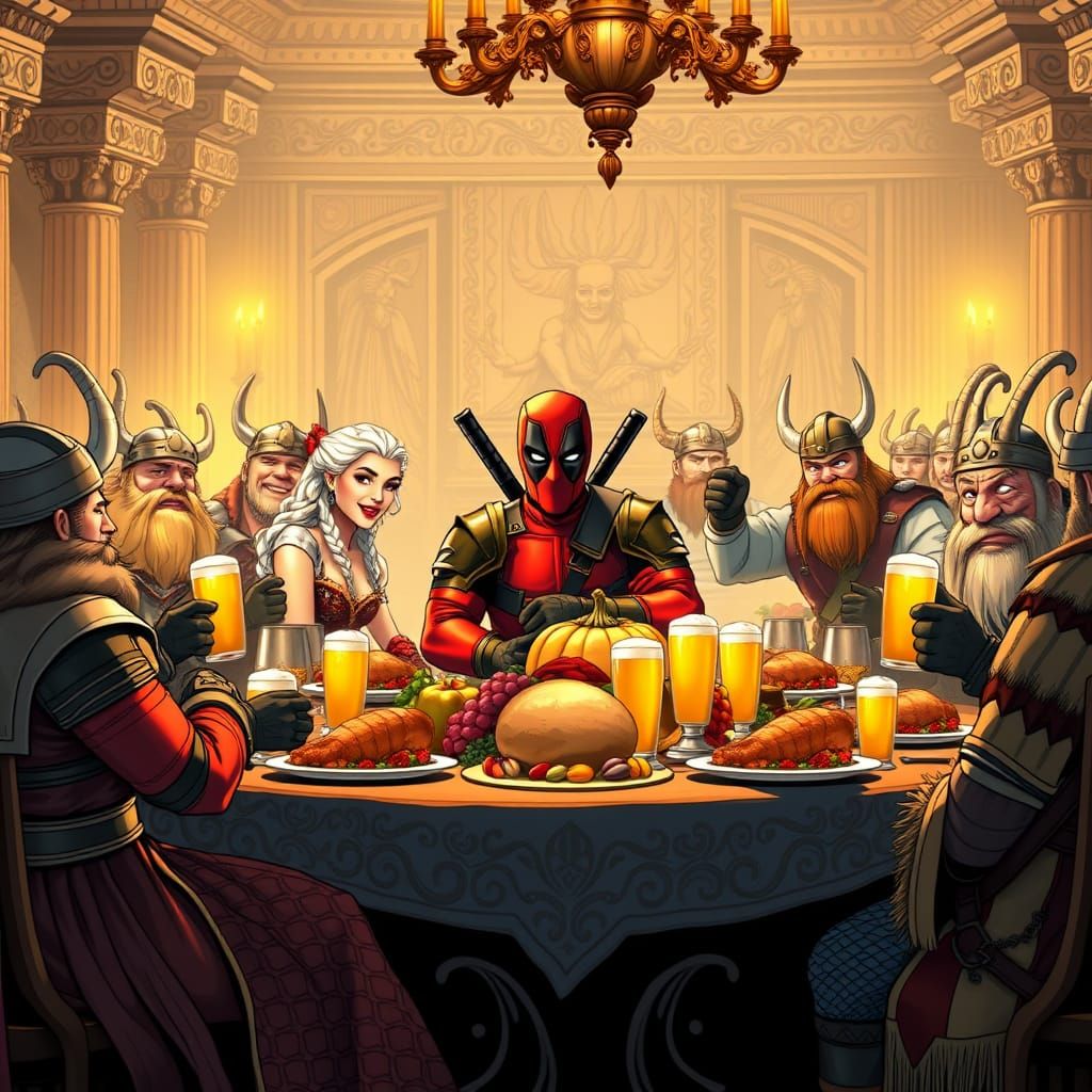 Daenerys, Deadpool, and Vikings Thanksgiving in Comic Style