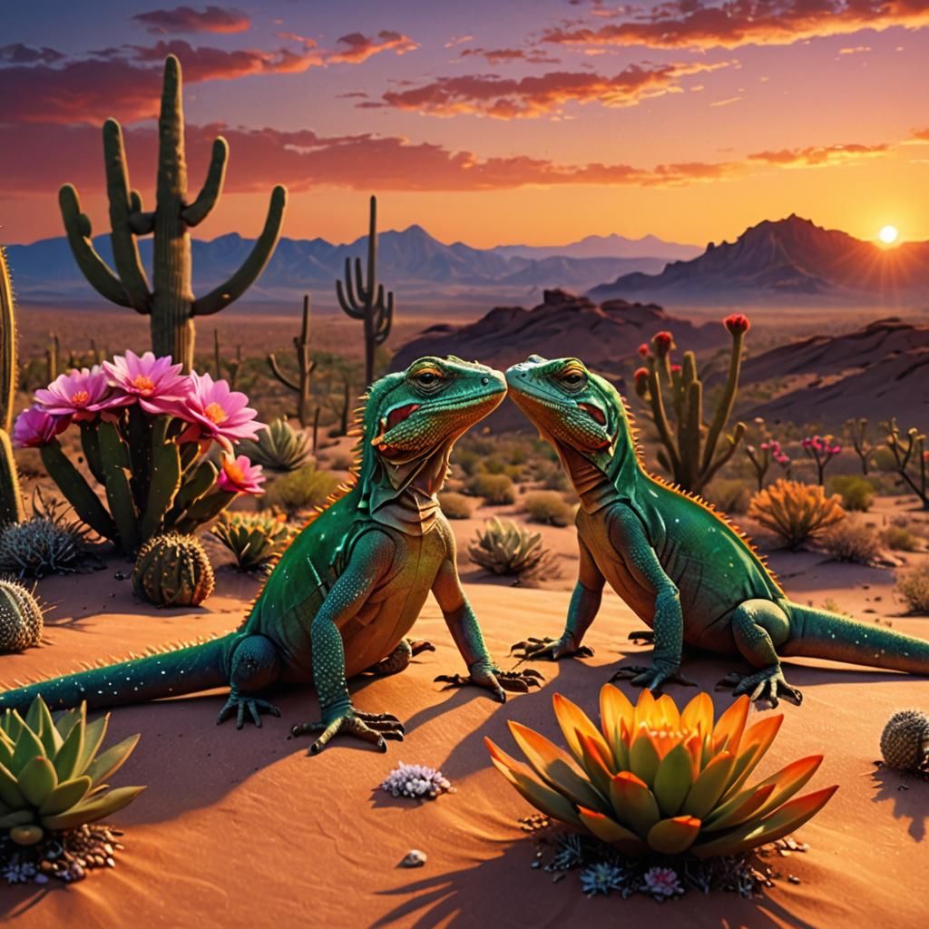 Desert Dreamscape: Lizard Pair under the Sunset Sky
