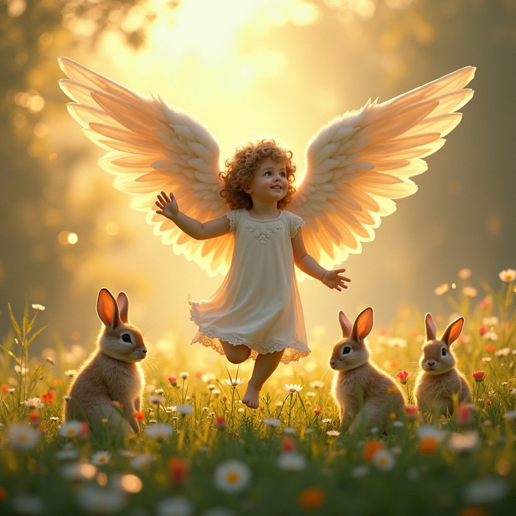 Heavenly Angel in Sunny Meadow with Rabbits