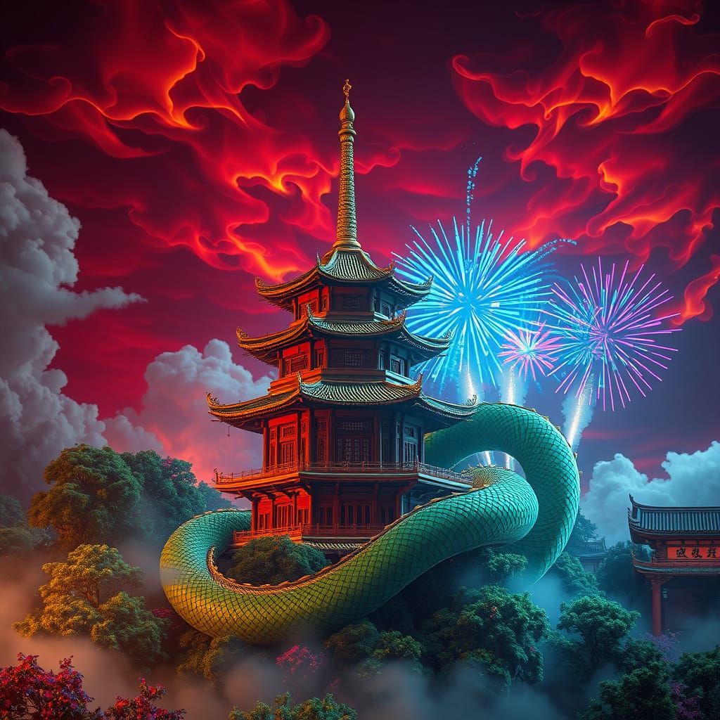 Surreal Snake Goddess Reigns Over Ancient Chinese Pagoda