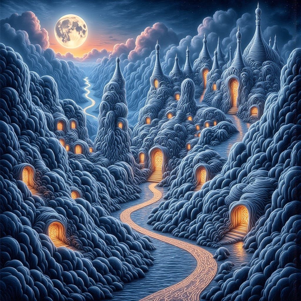 Surreal Cityscape with Escher Geometry and Hadid Curves