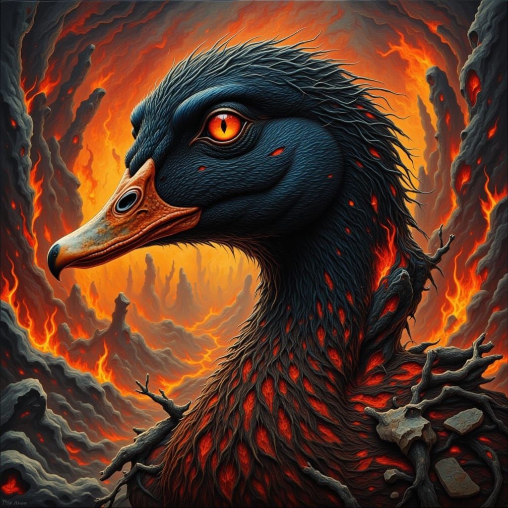 Hyper-Realistic Duck in Fiery Hellscape Digital Painting