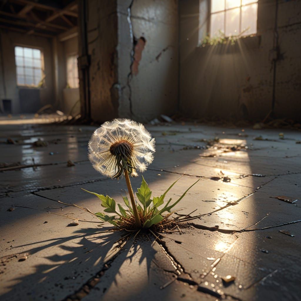 Dandelion Sprouts in Abandoned Warehouse, Hyperrealistic Dig...
