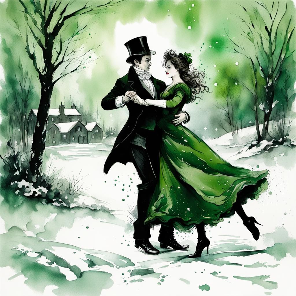 Victorian Winter Dance in Ink Splash Art