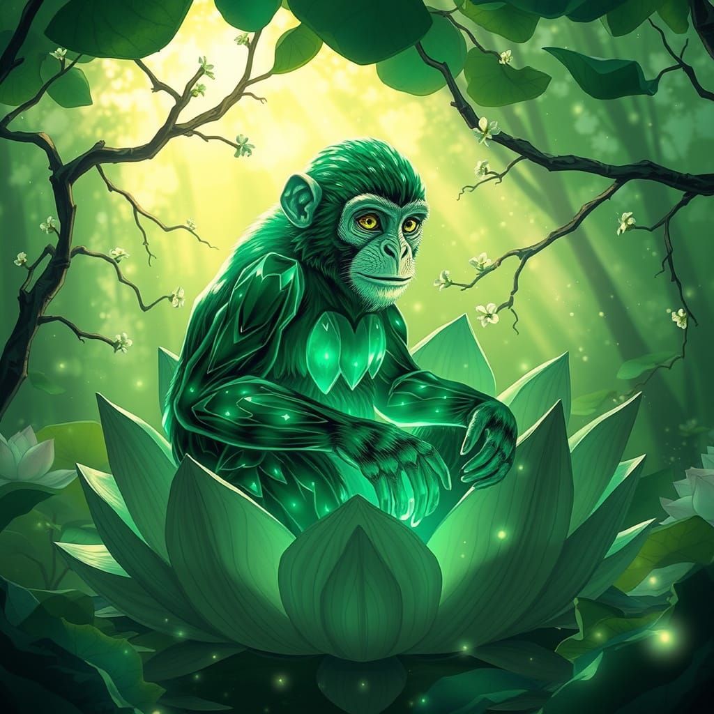 Emerald Crystal Monkey in Lotus Flower, Fantasy Art