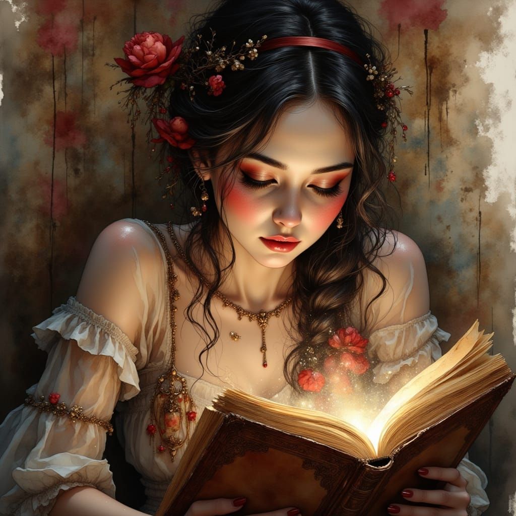 Woman Reading Book with Vibrant Mixed Media Aesthetics