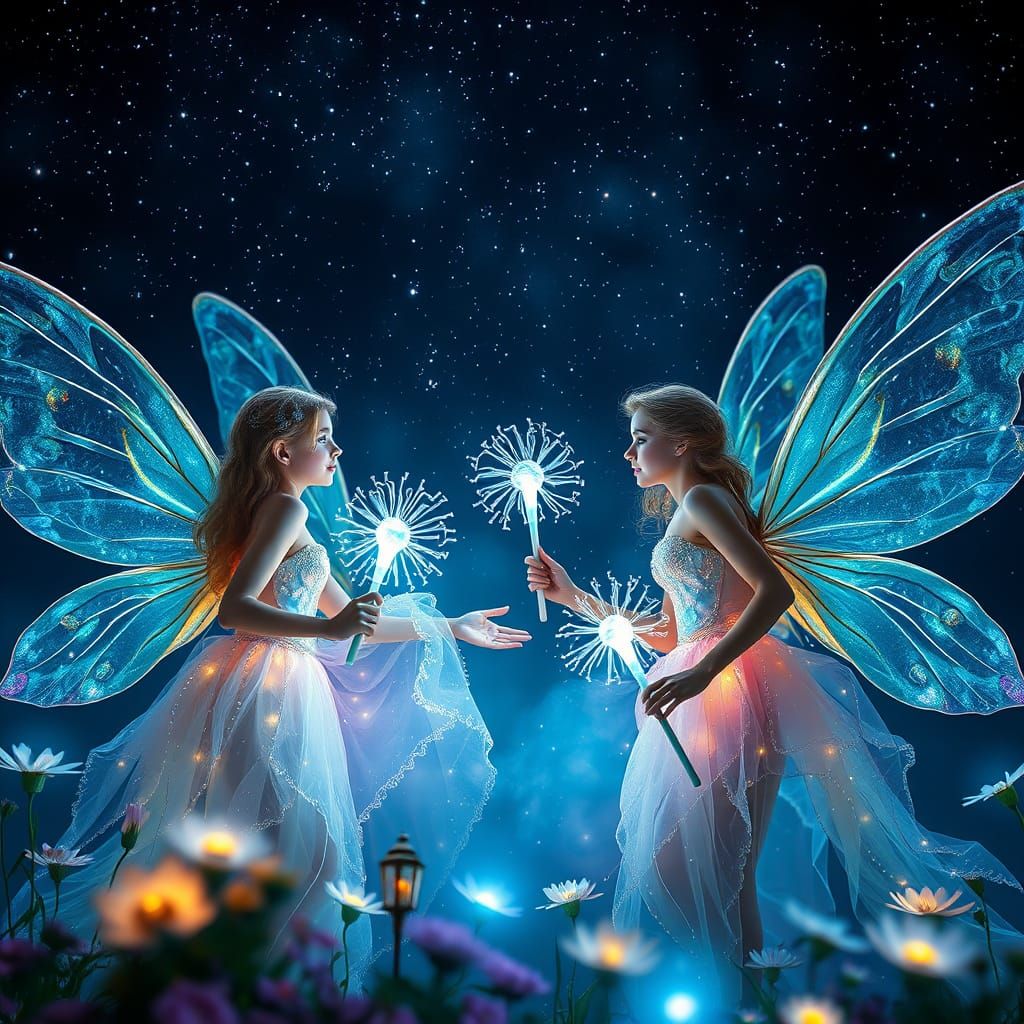 Ethereal Fairies Gather Under Starry Night Sky in Hyper-Real...
