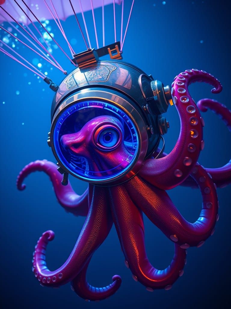Neon Octopus Diver in Bioluminescent Deep Sea