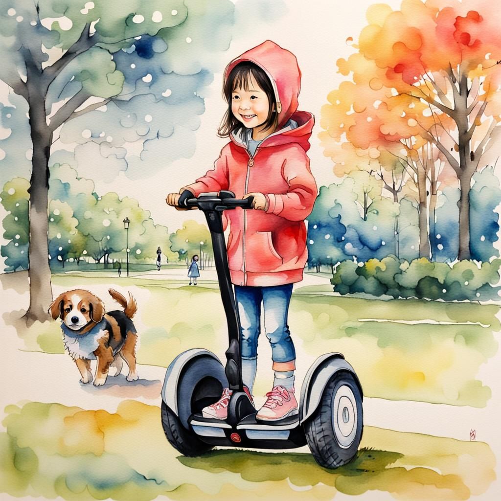 Girl on Segway, Minimalist Watercolor Art