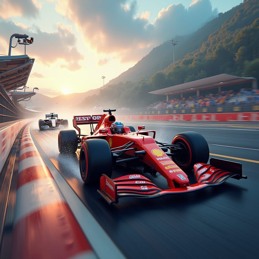 F1 Car Speeds Beside Another Vehicle Under Fantastical Check...