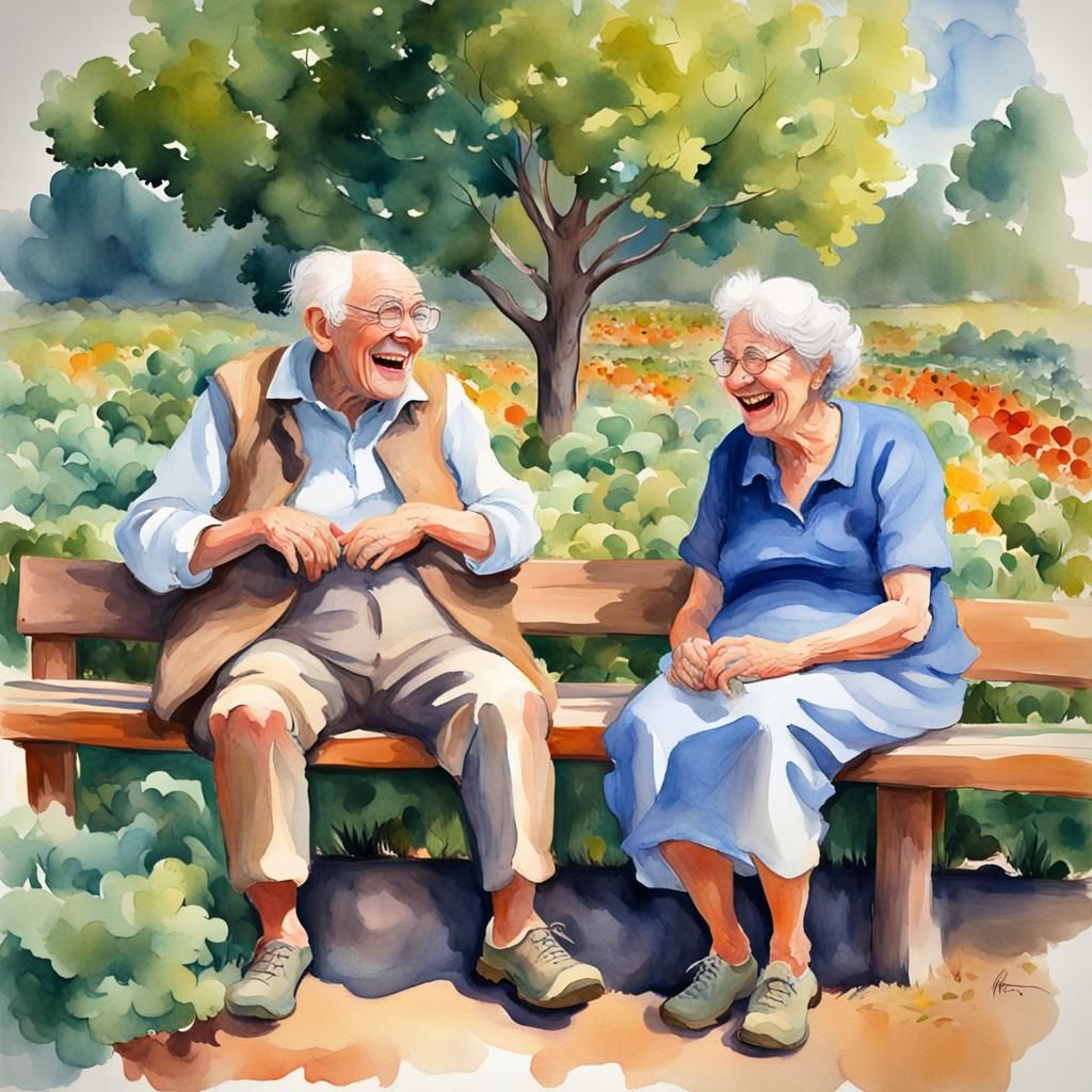 Joyful Grandparents in Watercolor Garden Scene