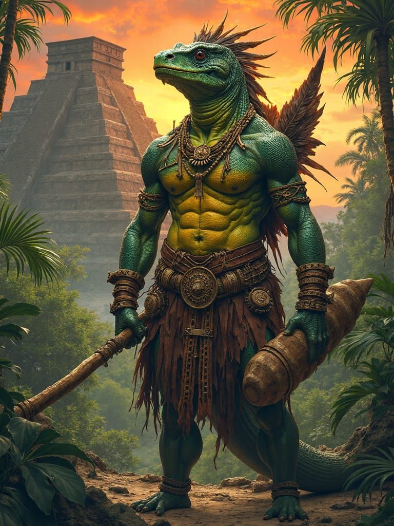 Reptilian Warrior in Traditional Armor Stands in Jungle Suns...