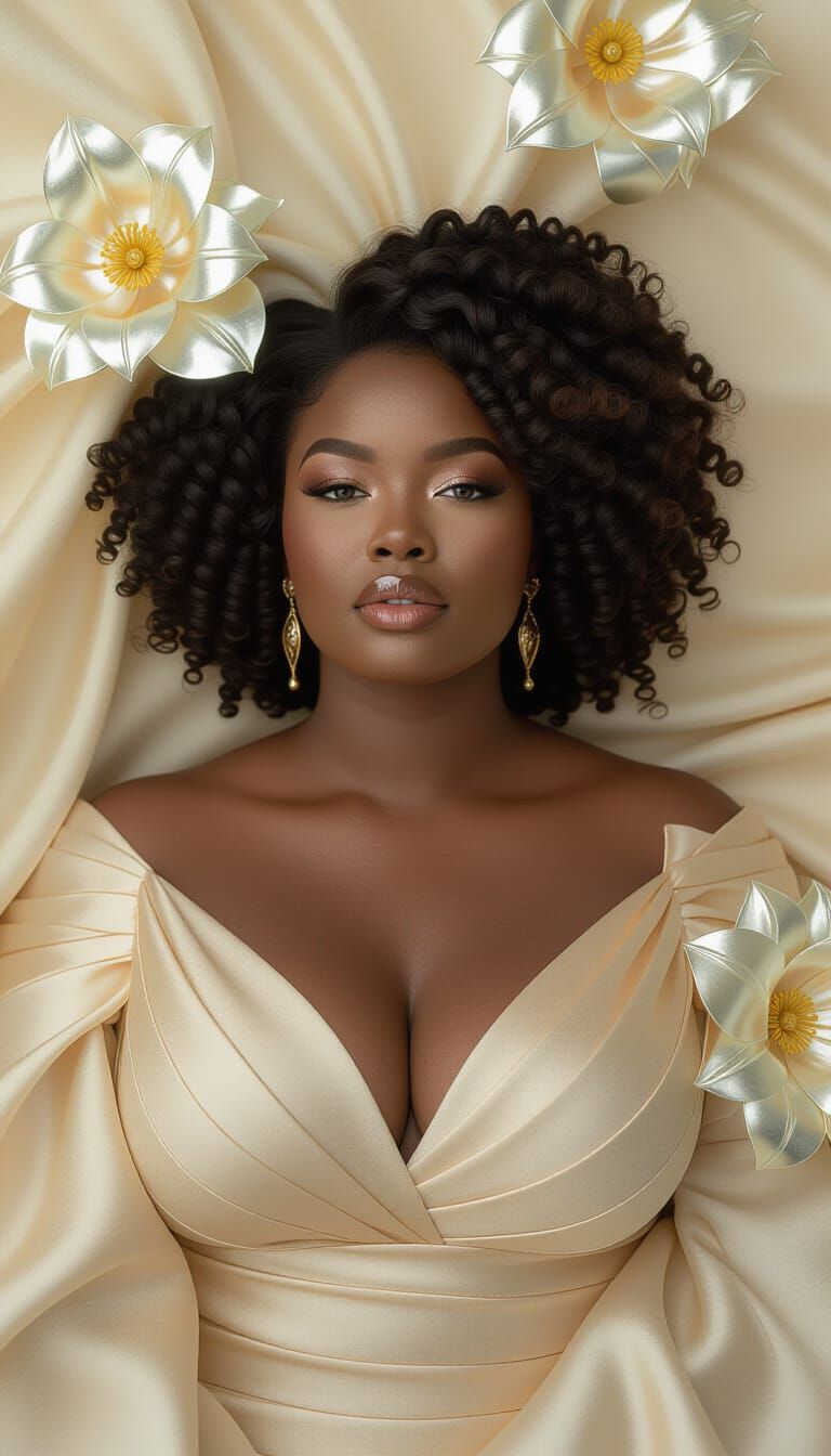 Radiant Woman in Dreamscape with Symbolic Blooms