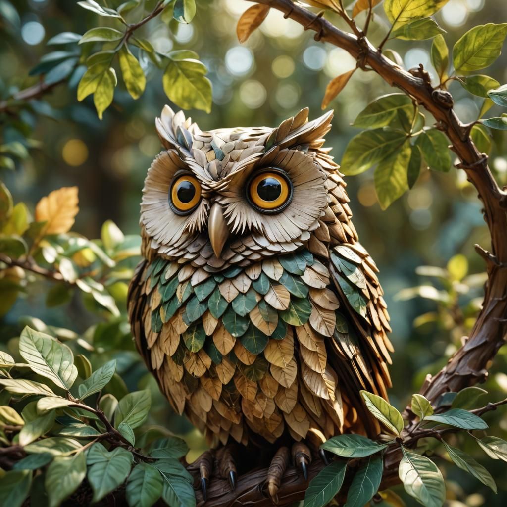 Leaf Owl Sculpture in Hyperrealistic Macro Photography