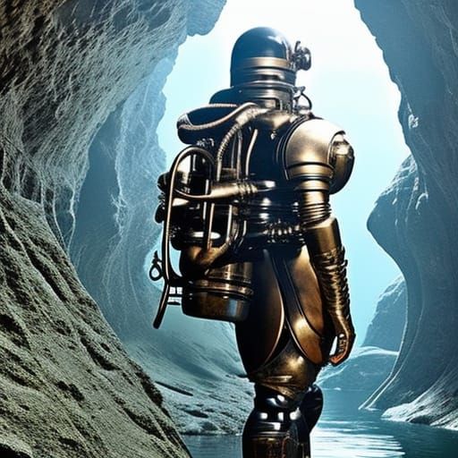 Vintage Robotic Scuba Suit Entering Underwater Cave