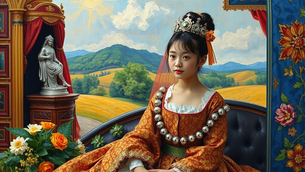 Young Japanese Girl in Chrome Beaded Court Dress, Neo-Expres...